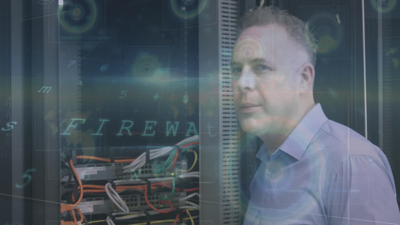 Animation of data processing with cyber attack warning over technician and caucasian man in server