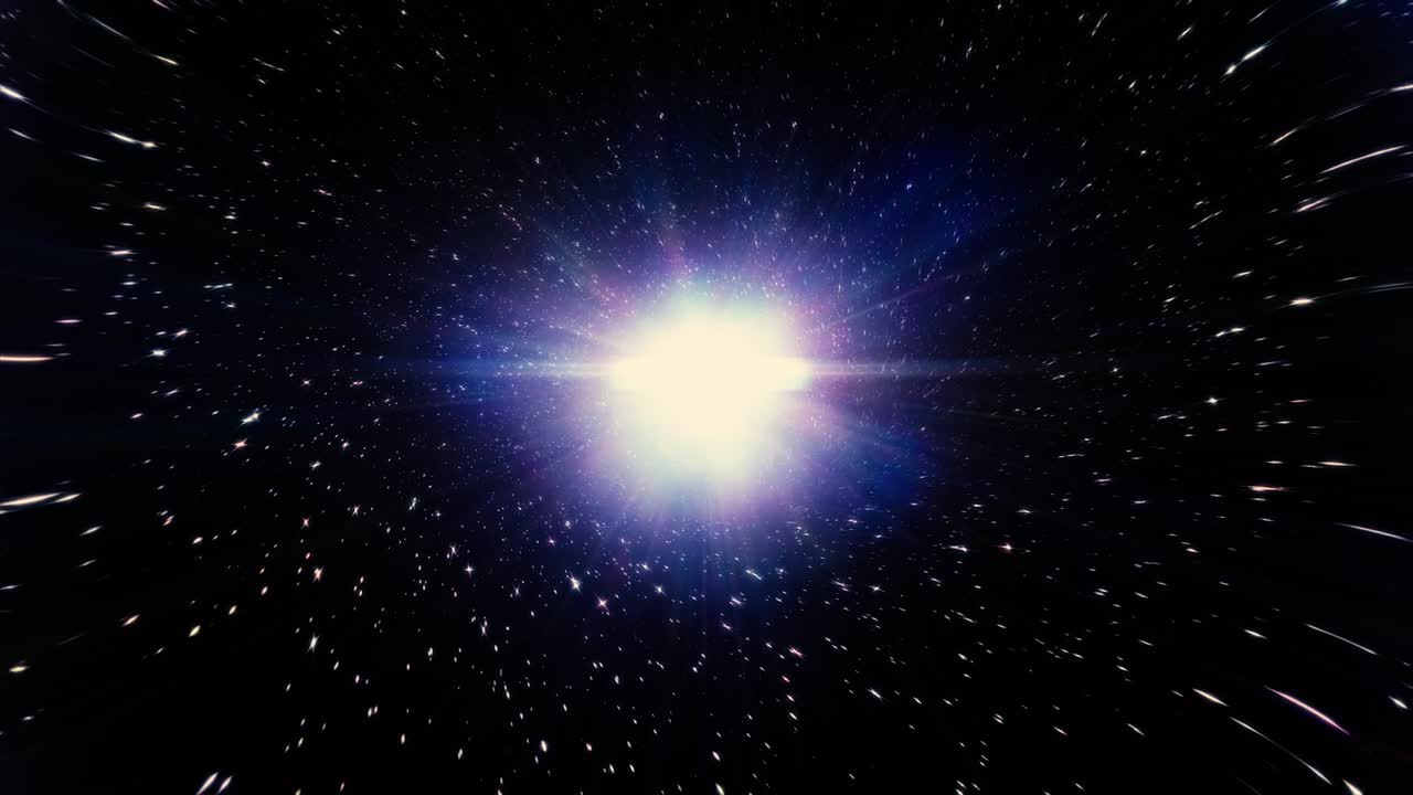 A bright, white light shines in the center of a dark space filled with stars.