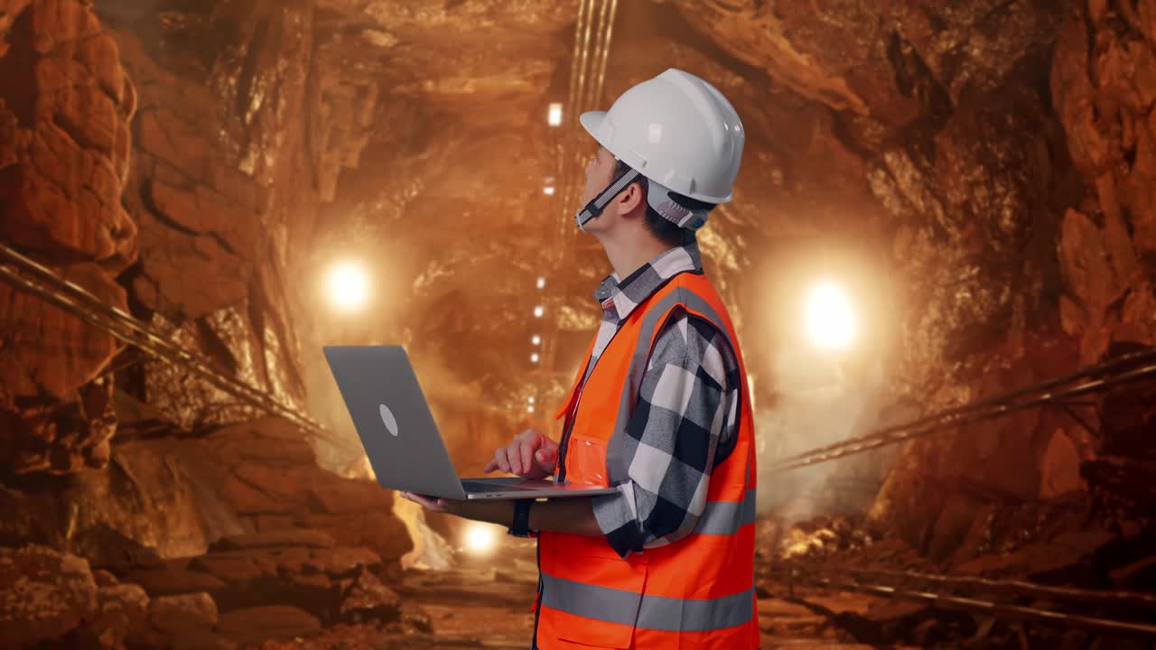 Side View Of Asian Male Engineer With Safety Helmet Working On A Laptop And Looking Around While Standing In Underground Mine Tunnel