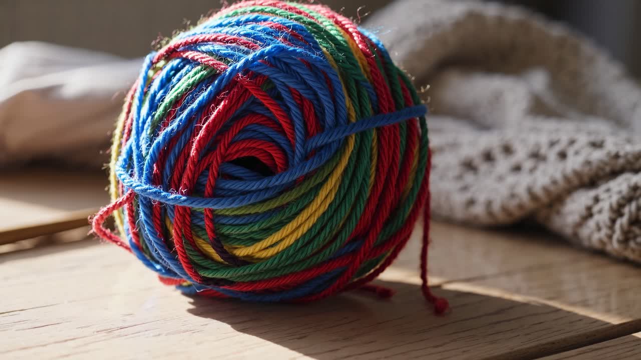 Close-up video shot of a colorful yarn ball in natural light, highlighting its texture and vibrant