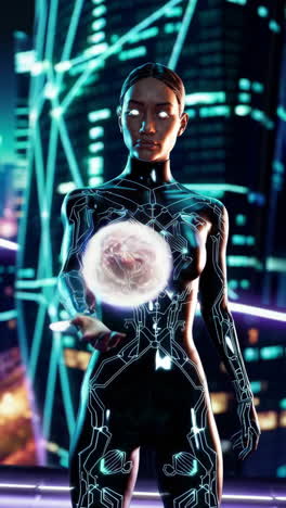 cyberpunk woman wielding orbs in a neon cityscape