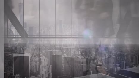 animation of business people walking in fast pace over cityscape