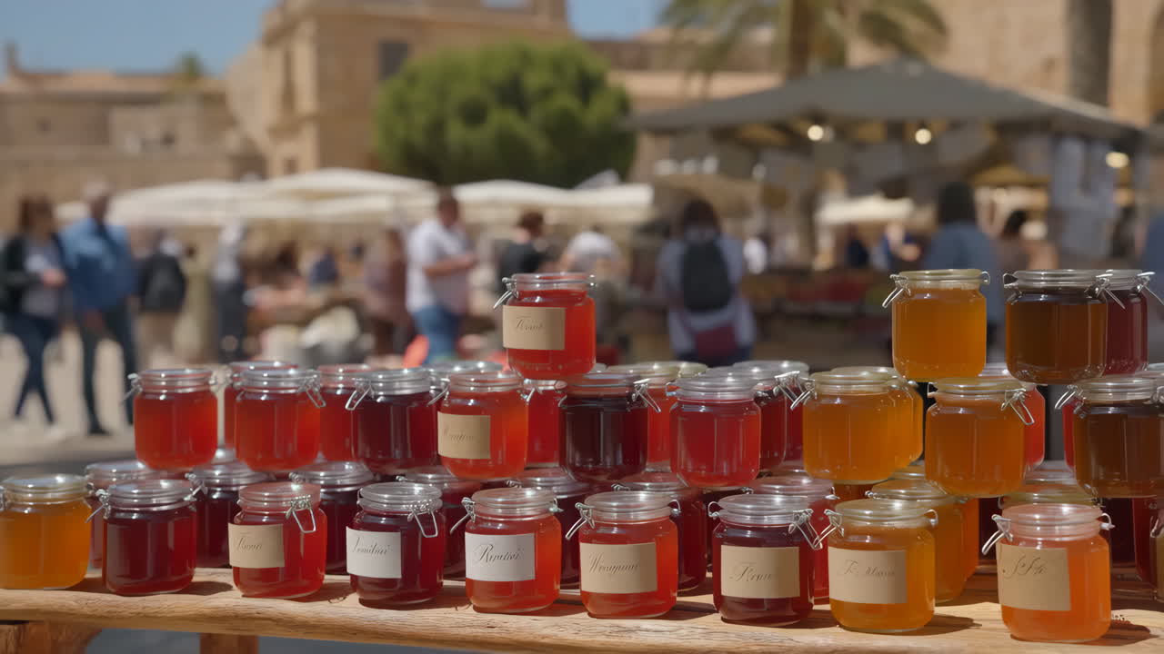 Jars of preserves or honey on display at an outdoor market