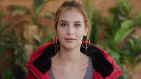 retrato de una hermosa mujer caucásica que parece confundida dudosa vistiendo elegantes pendientes de moda en plantas fondo serie de personas reales
