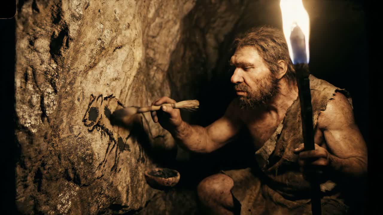 Uomo di Neanderthal che dipinge arte rupestre alla luce delle torce