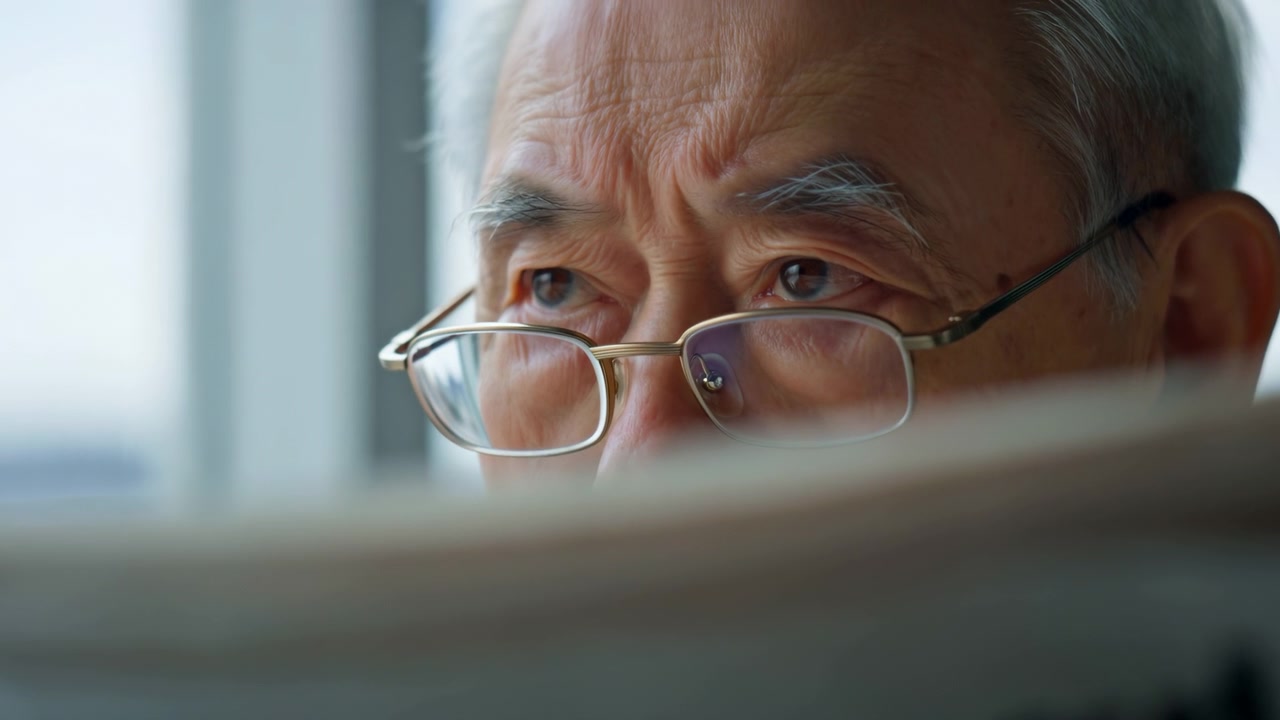 Closeup of an elderly man wearing glasses and reading a newspaper beside a bright window, with a softly blurred indoor background and natural daylight