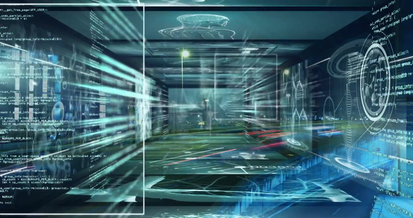 Animation of data processing over cityscape