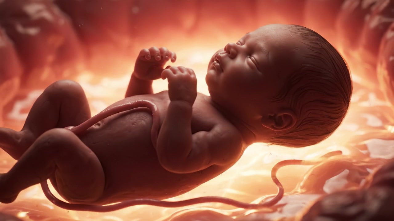Una splendida immagine della nuova vita: una rappresentazione intricata di un neonato nel grembo materno, illuminato da un bagliore caldo, che cattura l'essenza della creazione e della nascita.