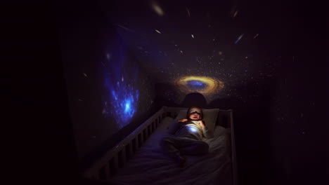 child relaxing with galaxy projector