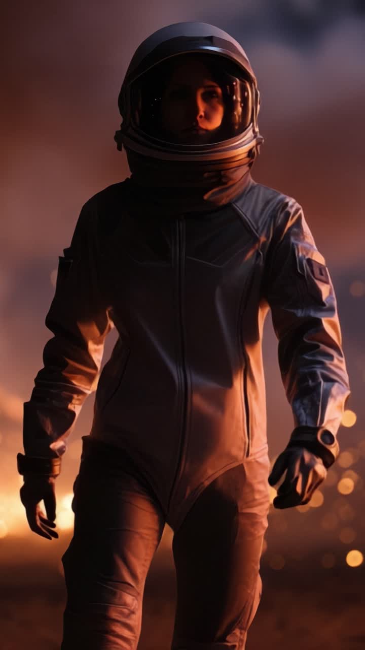 Um astronauta em um traje reflexivo navega por uma paisagem ardente e esfumaçada, incorporando o espírito de exploração e aventura em uma cena de ficção científica deslumbrante
