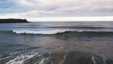 Surfer-catches-nice-wave-off-Cox-Bay-beach-at-sunset,-Tofino,-BC