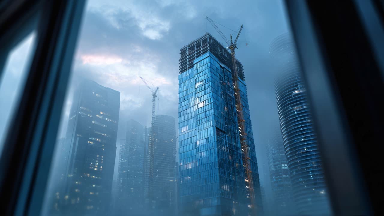 Una vista maestosa di un grattacielo urbano in costruzione in mezzo a un paesaggio urbano nebbioso, con alti edifici che circondano la torre e gru sullo sfondo.