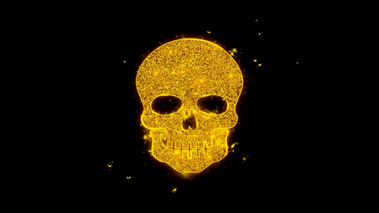 l'icona del teschio fa scintille di particelle su uno sfondo nero.