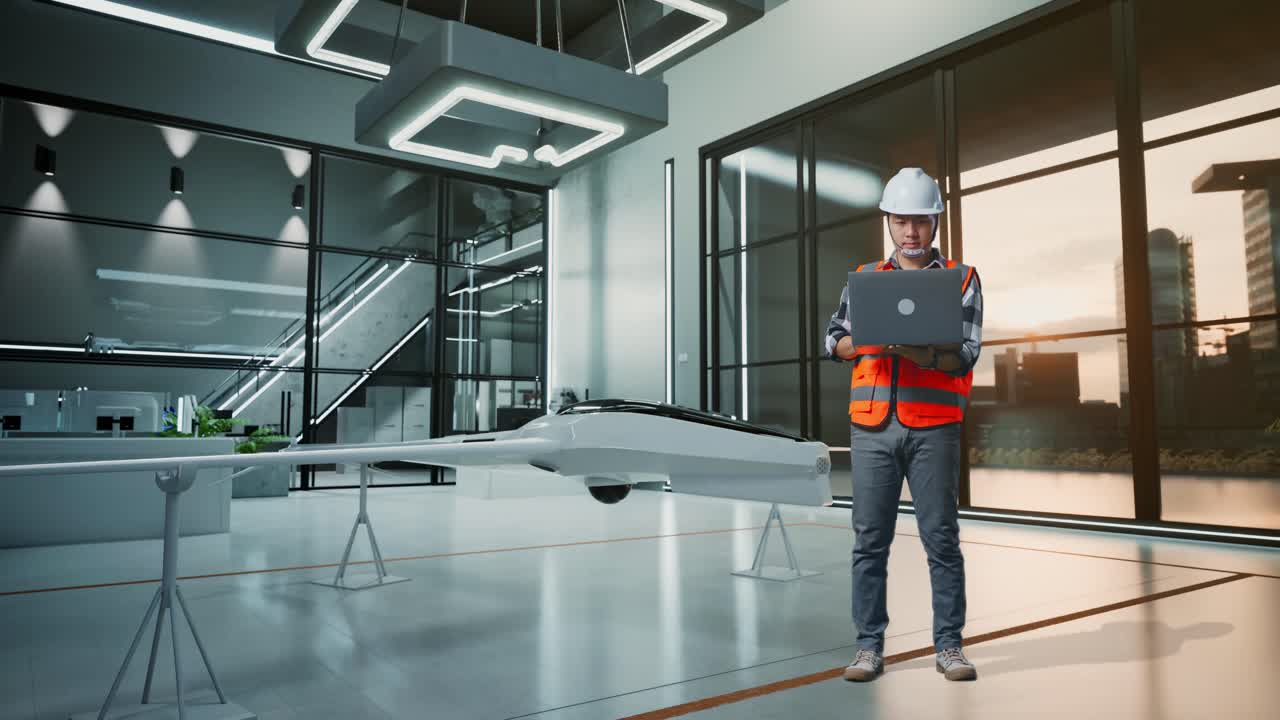 Manutenzione e ispezione di droni in un ambiente d'ufficio moderno