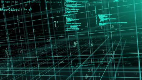 animation of layers of processing data and coding moving over 3d grid on black background
