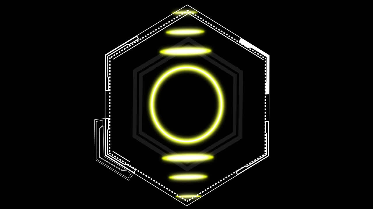 Glowing yellow circles and lines animation over hexagonal geometric shapes on black background