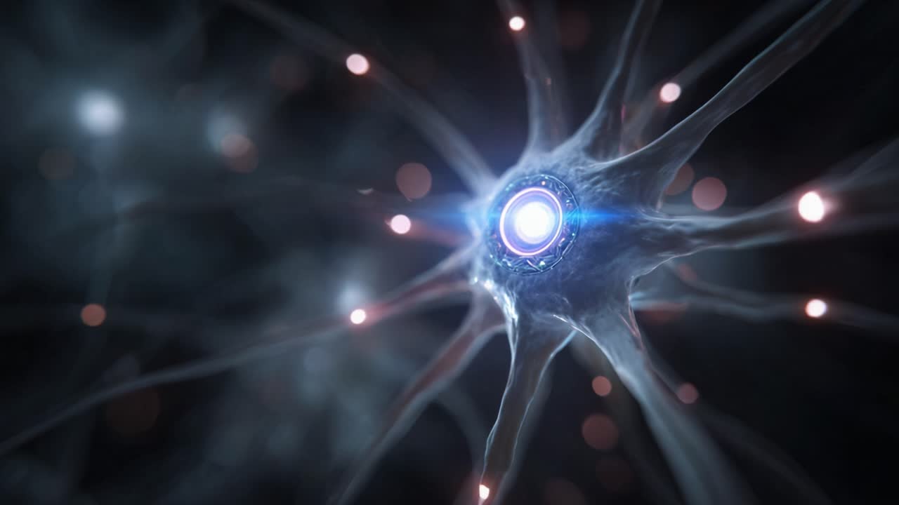 Un primo piano di un neurone che rivela la sua intricata struttura, sinapsi luminose e le connessioni dinamiche che facilitano la comunicazione all'interno del sistema nervoso.