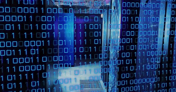 Digital Binary Code Overlaying Server Room Infrastructure
