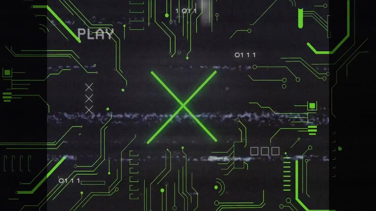 VHS static opening flickering PLAY, pulsing circuits, forming X, looping glitch for retro interface