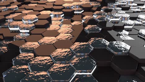 abstract hexagons black silver gold background with blue neon elements,3d looped animation in 4k.seamless loop digital hexagon motion graphics.render