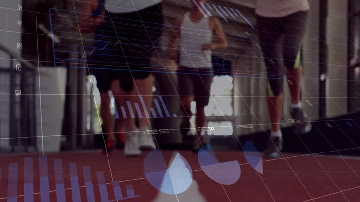Running on treadmill, people with fitness data analysis animation overlaid
