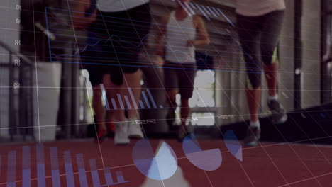 running on treadmill, people with fitness data analysis animation overlaid