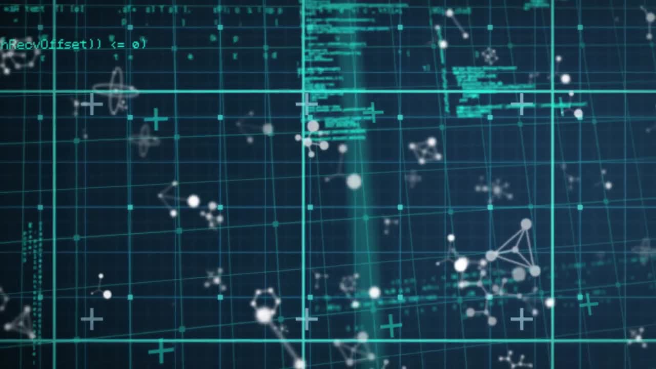 Animation of molecular structures and data processing over grid network against blue background