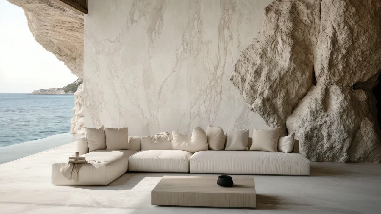 Luxurious seaside lounge with modern furniture, captured from a low angle