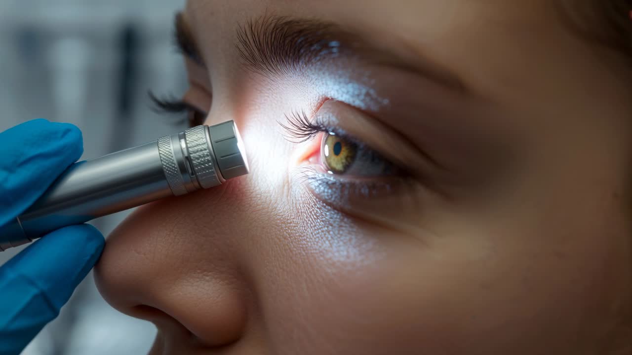 Shining gloved clinician bringing penlight to inner corner right eye at clinic inspecting tear film
