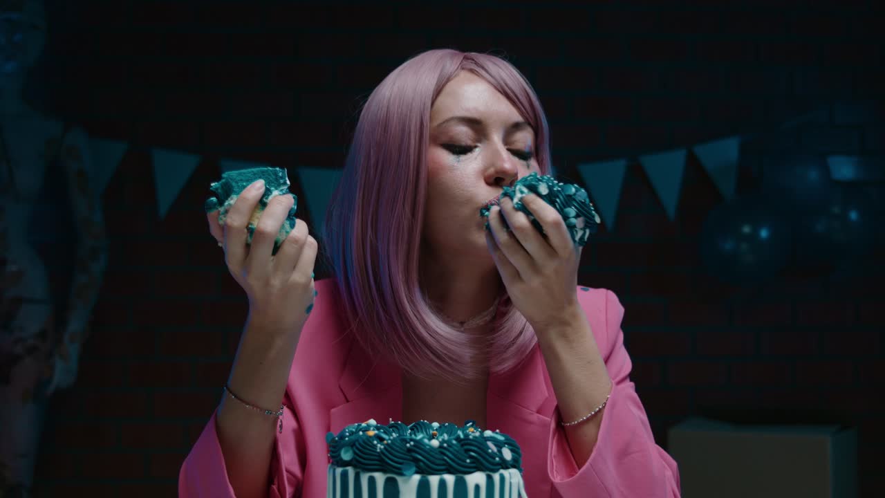 mujer comiendo pastel