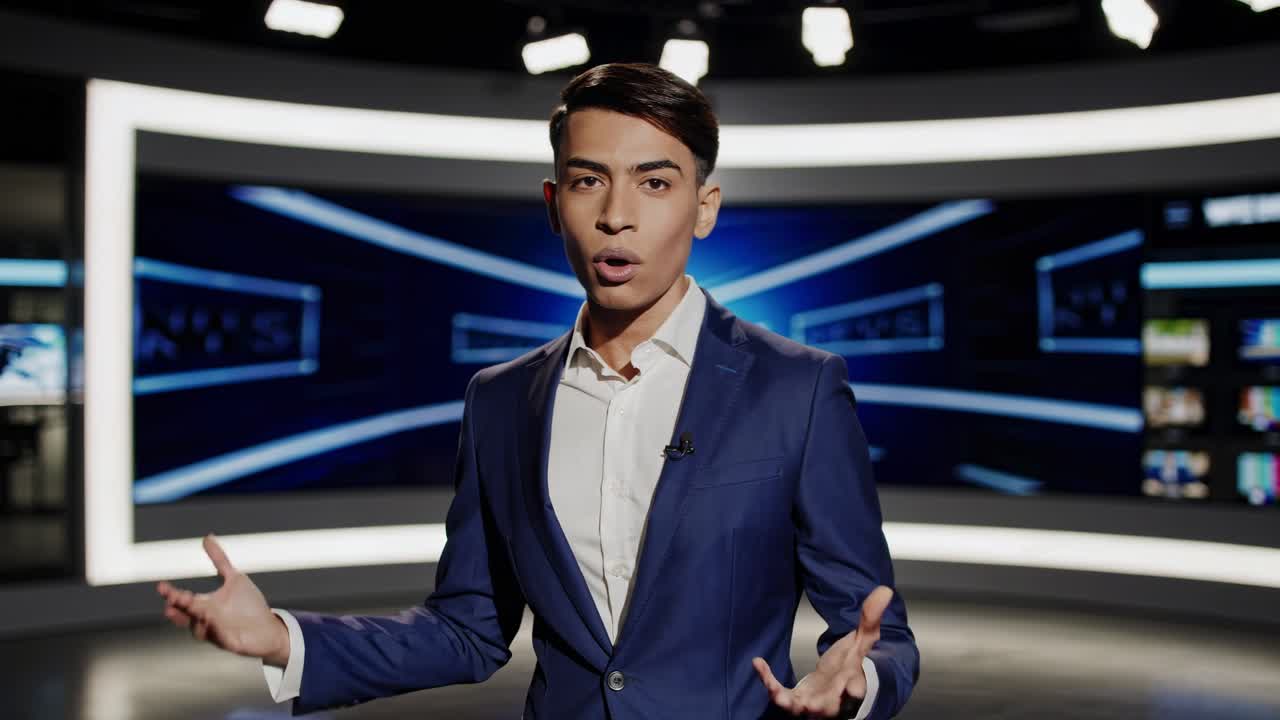 A news anchor in a blue suit stands in a modern studio, facing the camera at eye level