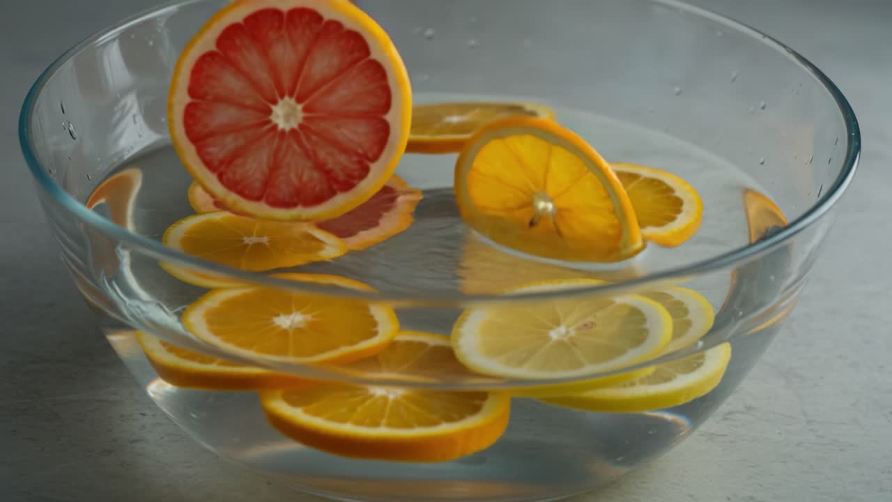 Mix rinfrescante di agrumi: fette vibranti di limone e pompelmo che galleggiano con grazia in acqua limpida, creando una scena culinaria luminosa e invitante.