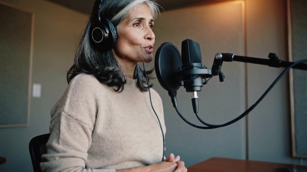 Kvinde i beige sweater starter optagelse, iført hovedtelefoner og synger ind i en mikrofon i en bås til podcast