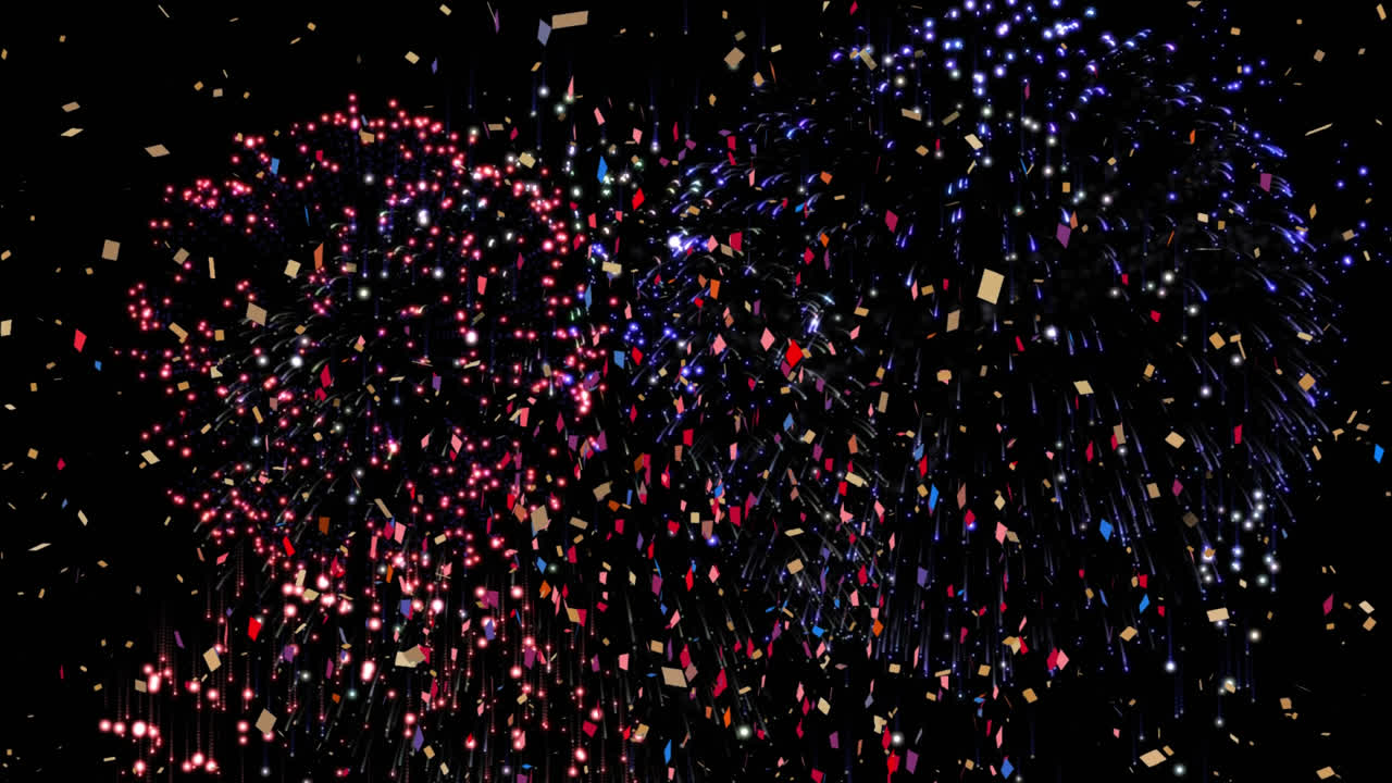 검은 바탕에 떨어지는 다채로운 불꽃놀이와 콘페티의 애니메이션