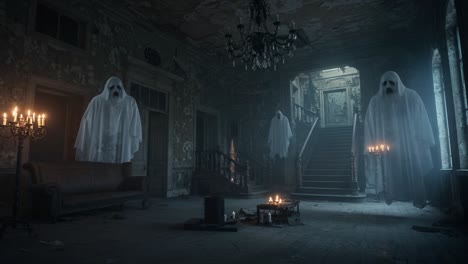 Eerie Specters Haunt an Abandoned Mansion: A Haunting Scene with Ghostly Apparitions Gracing the Remnants of a Forgotten Era