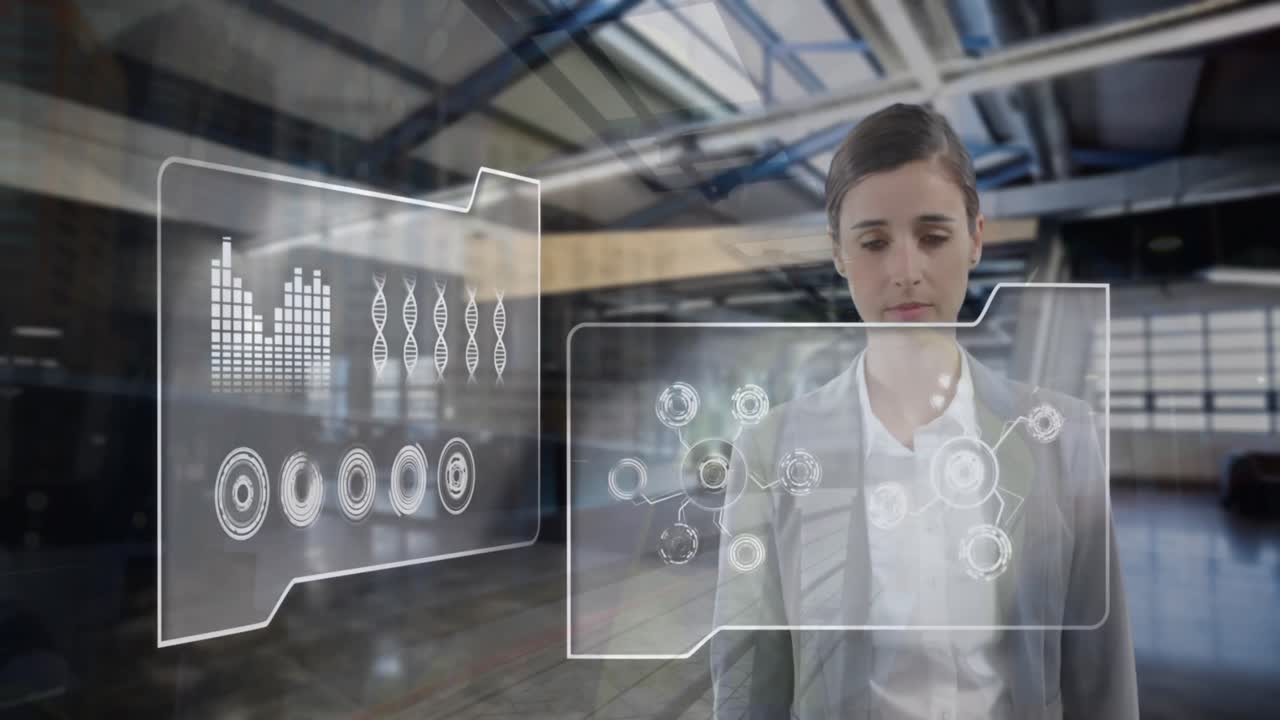 animación del procesamiento de datos sobre una mujer de negocios caucásica