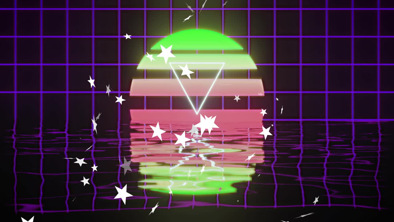 Glowing neon sun pulsing sending stars and speckles warping grid rippling mirror evoking synthwave