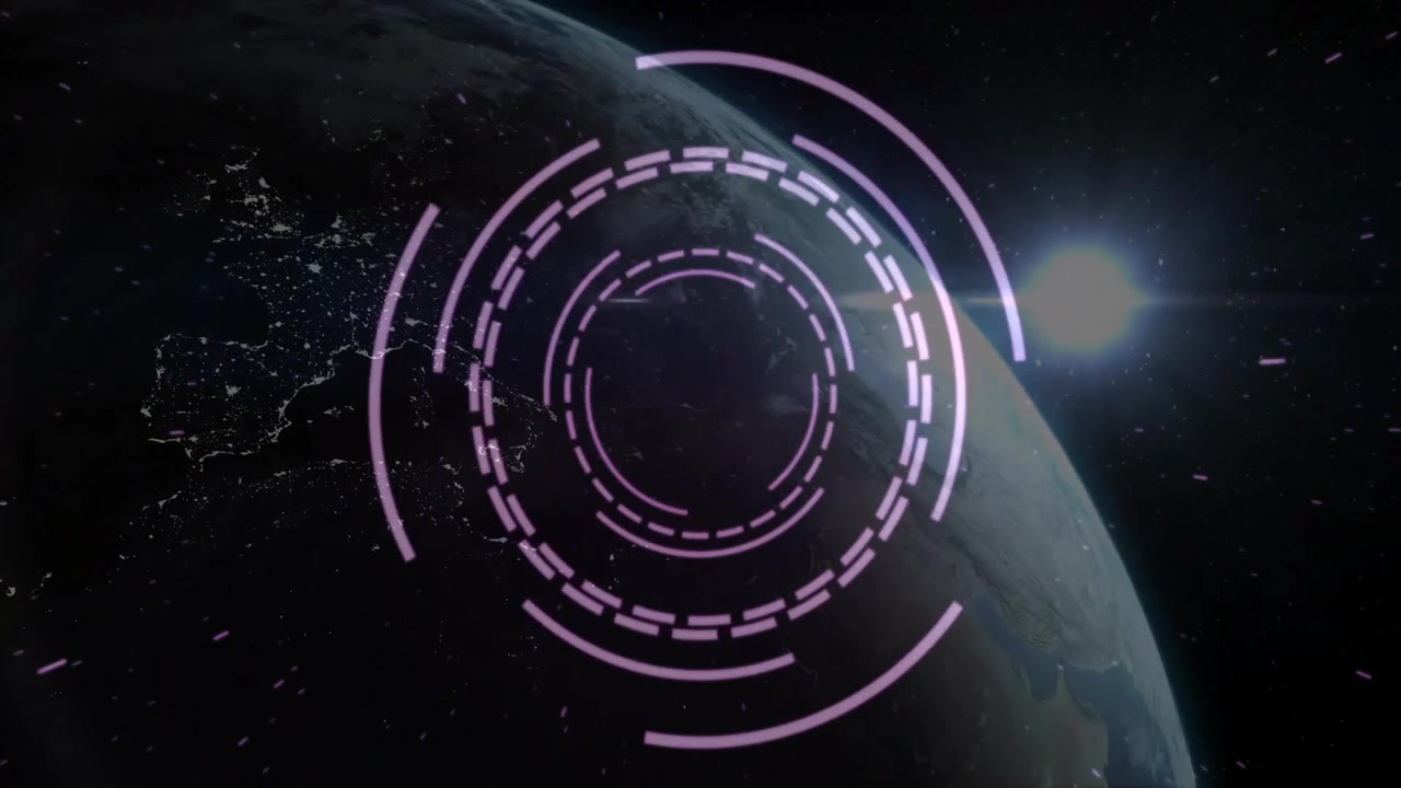 Solar disc rising at horizon starting digital rings pulsing and rotating, revealing Earth dawn