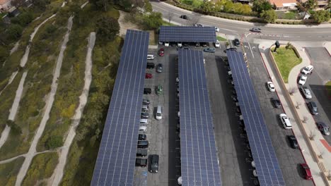solar panels provide clean energy and shade for a covered parking lot - aerial tilt down