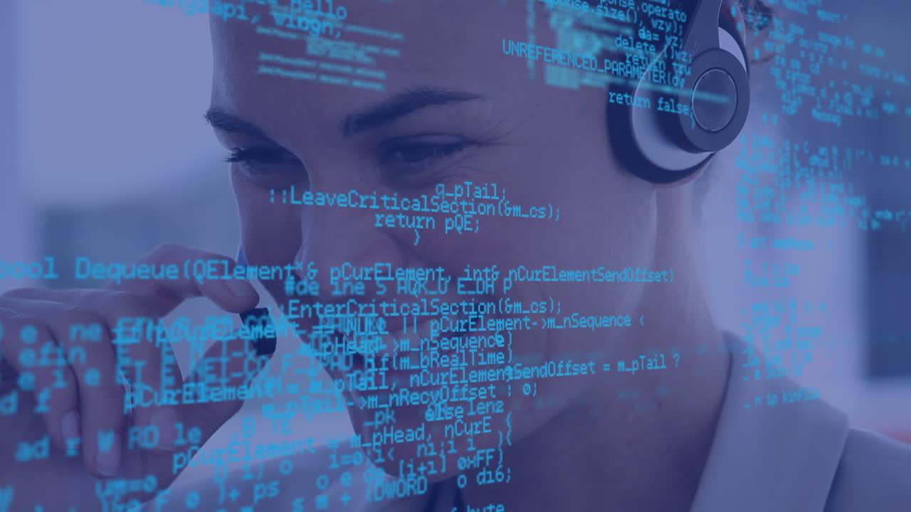 Animation of data processing over businesswoman using phone headset