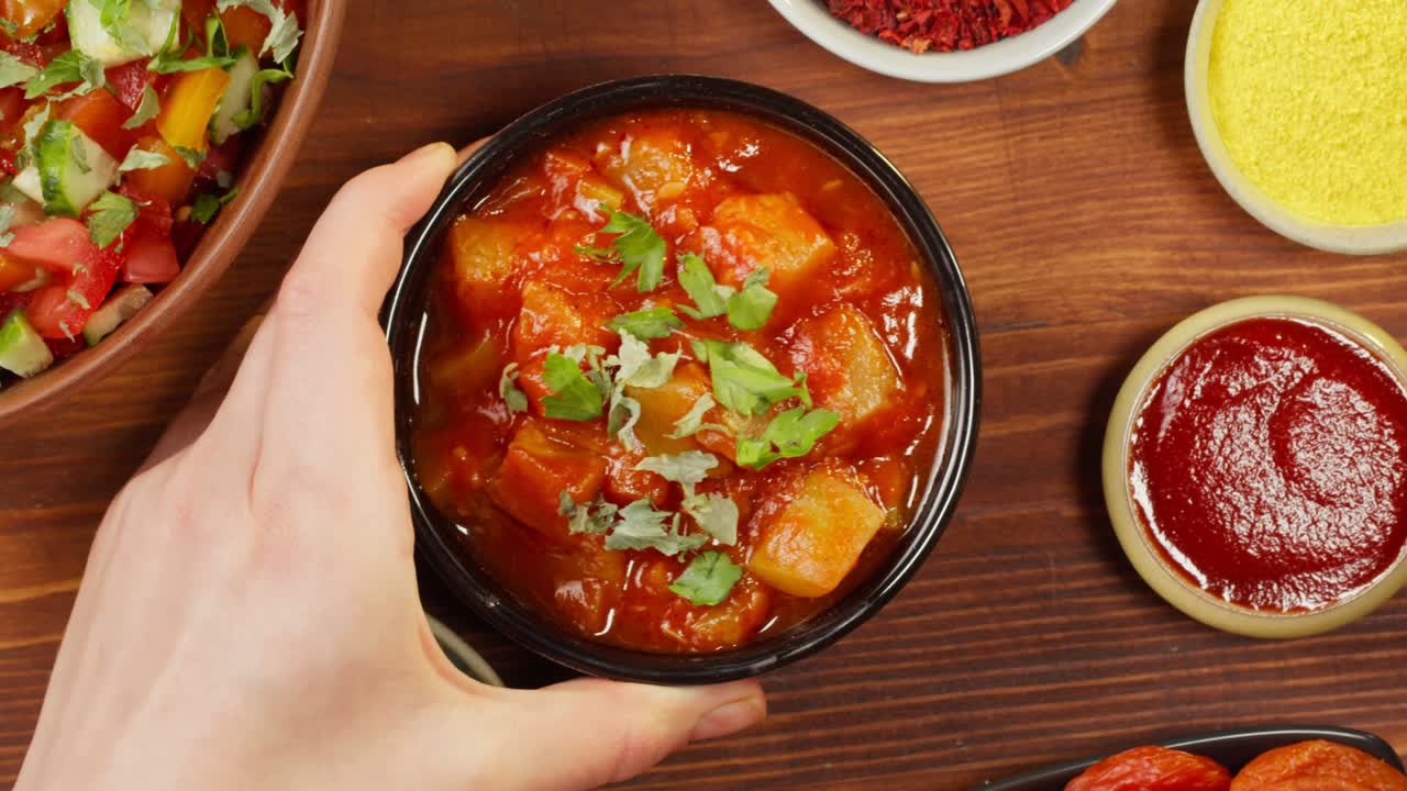 berenjena al horno, verduras en salsa de tomate, comida vegetariana. cultura de oriente medio. cocina marroquí vista superior. concepto de aperitivo frío.