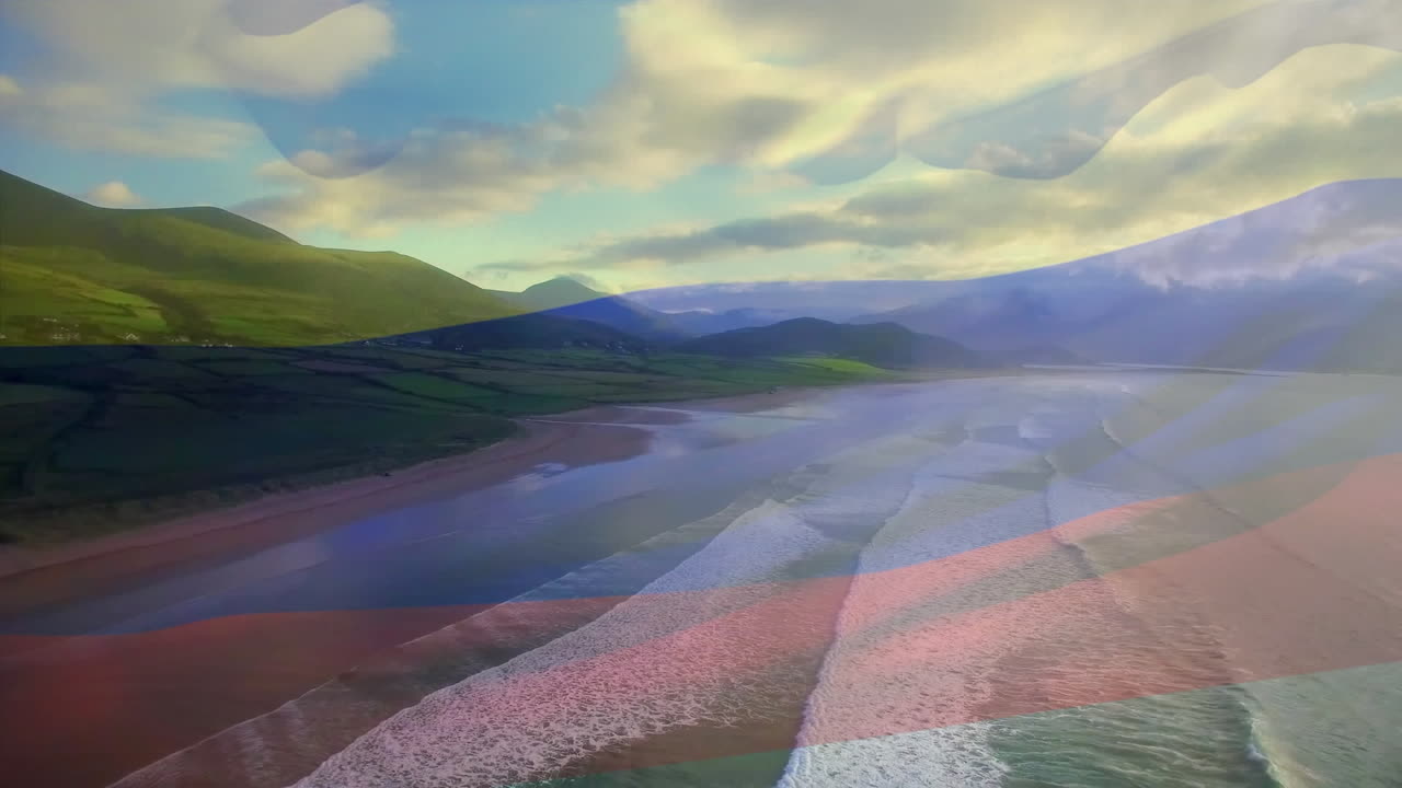 콜롬비아의  ⁇ 발이 바다 풍경 위에서 날아다니는 애니메이션