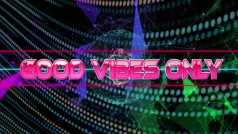 animación de buenas vibraciones banner de texto contra el globo de la red de conexiones y redes de plexo