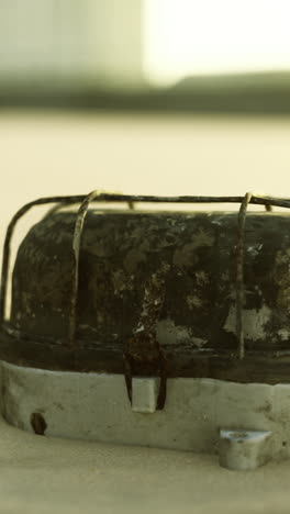 abandoned metal object on sandy beach under warm golden sunlight
