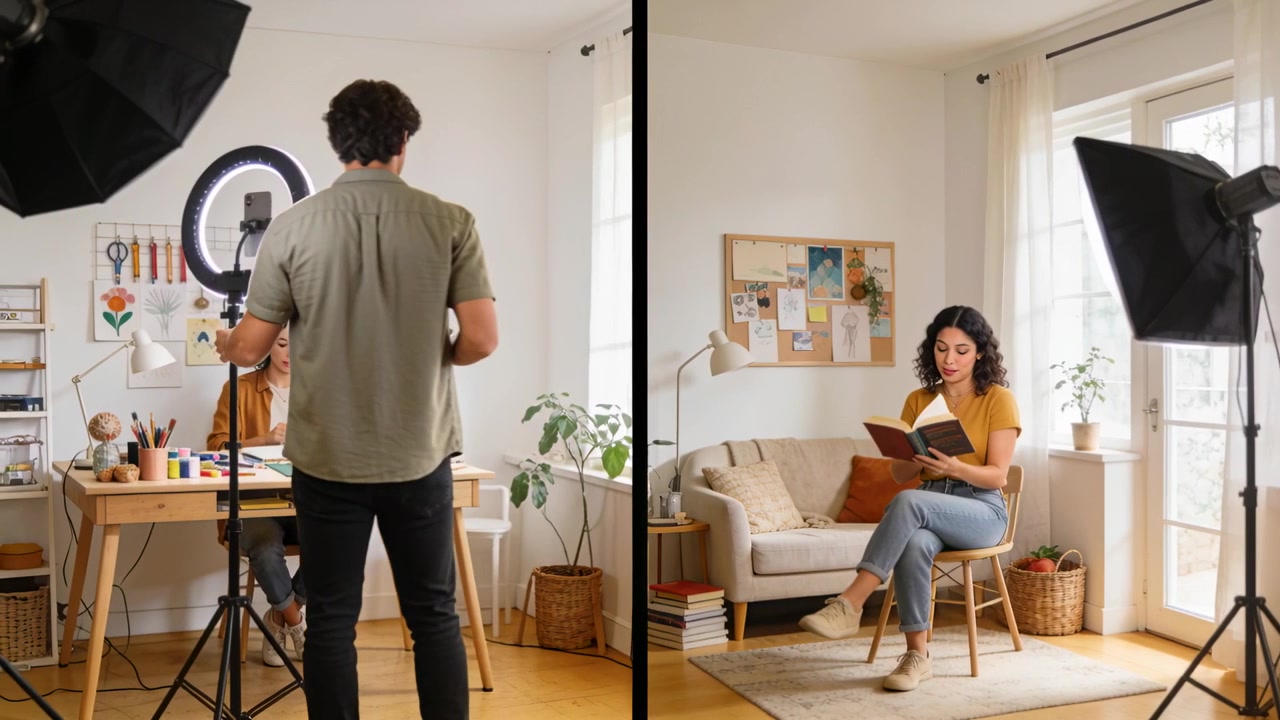 L'opérateur entre dans le cadre, ajuste la caméra et le micro, filmant une démonstration d'artisanat sur un bureau, tandis que le créateur de moutarde lit.