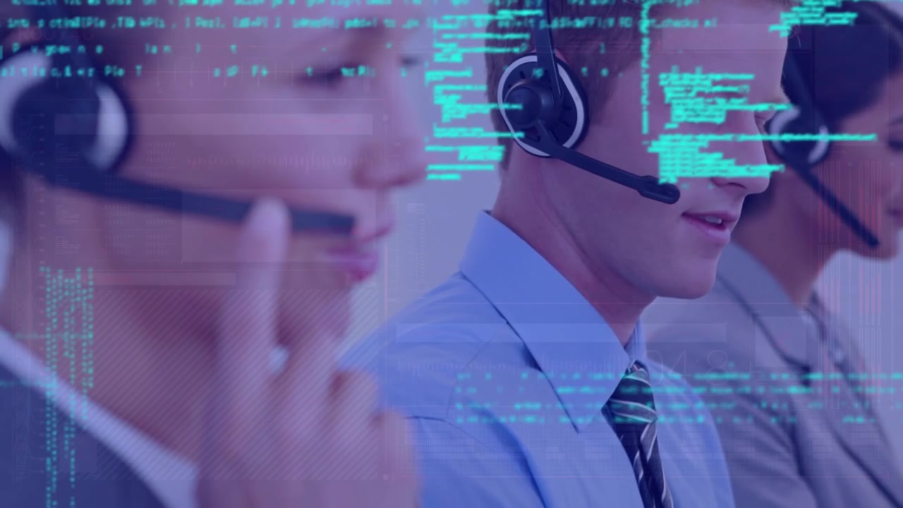 Animation of data processing over diverse business people wearing phone headsets