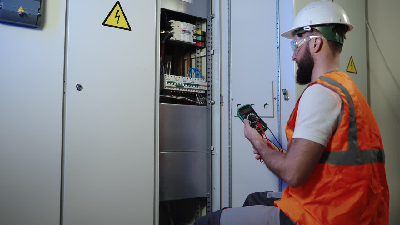 electricista que trabaja en el panel eléctrico