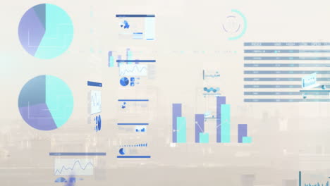 animation of screens with statistical data processing against aerial view of cityscape