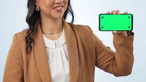 Woman,-pointing-and-happy-with-phone