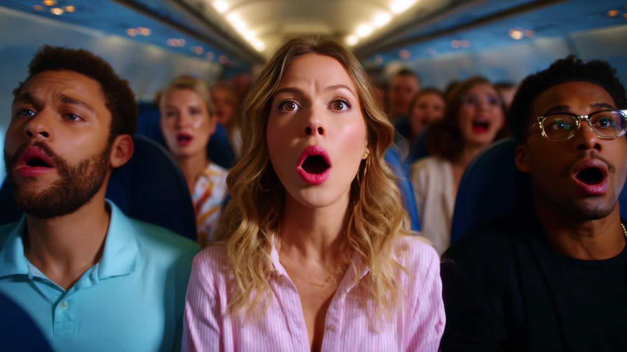 Astonished Passengers Expressing Shock and Surprise Inside the Cabin of an Airplane During a Flight, Captured as They React to an Unexpected Event, Highlighting Their Emotions and Experiences